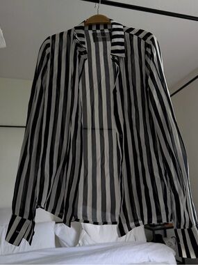 Reformation Black & White Vertical-Stripe Sheer Blazer